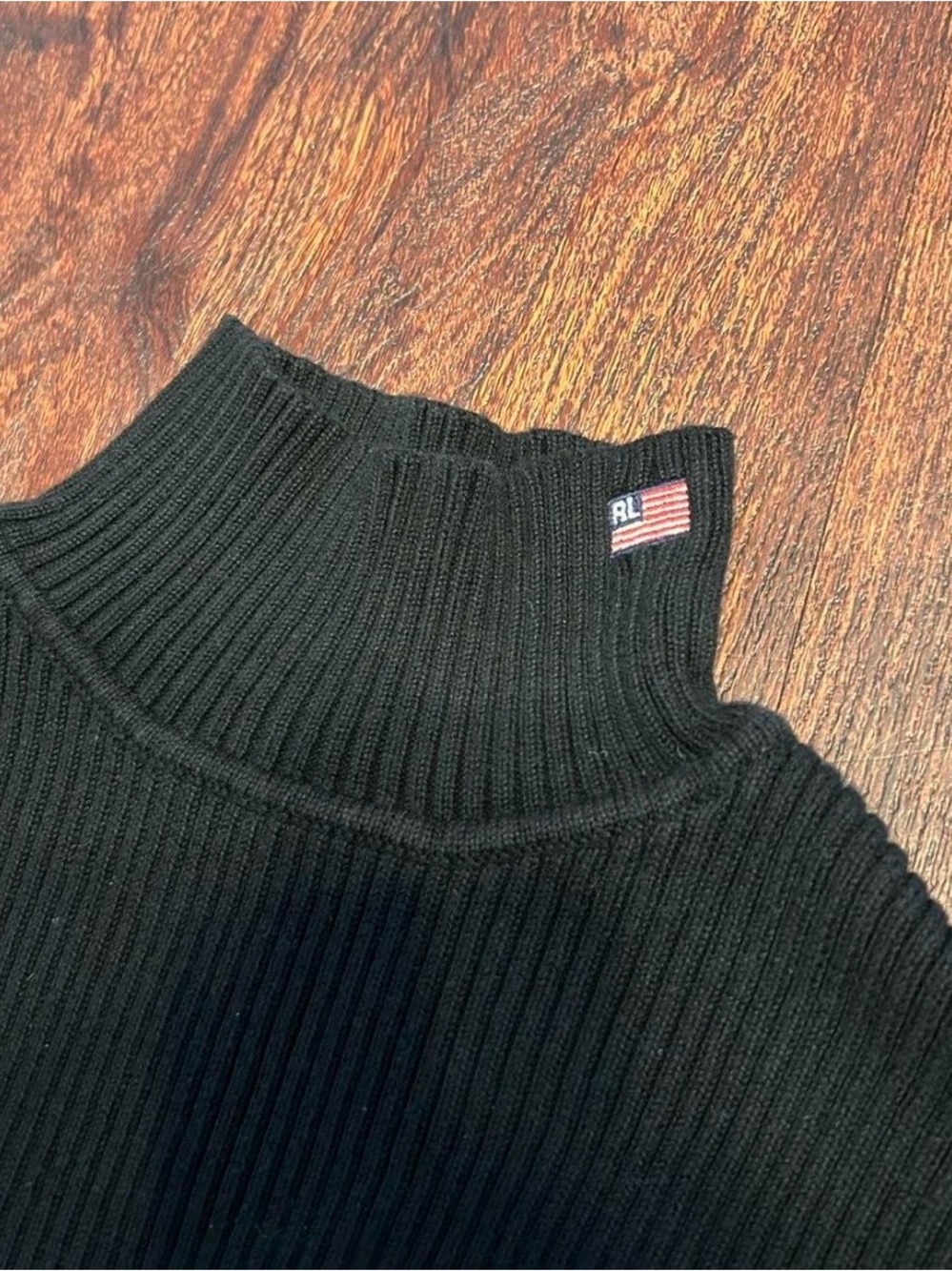 90’s Ralph Lauren Black Ribbed Mock Neck Sweater with Flag Detail